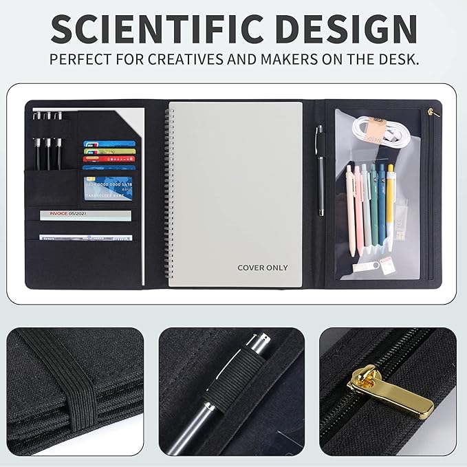 Trifold Planner Cover for Rocketbook Smart Notebook | Fits Letter Size/A4/8.5x11 Inch | Waterproof Portfolio Organizer with File Storage & Accessory Protection (Black)