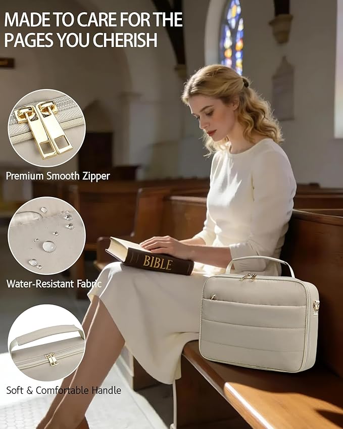 Bible Cover Case for Women, Large Quilted Puffer Bible Bag with Shoulder Strap, Womens Book Carrying Case for Church, Cute Bible Carrier Study Supplies Gifts for Christian Lady, Sand Beige