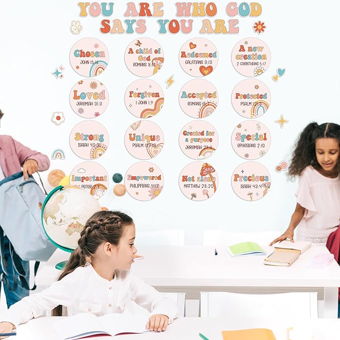 Qyeahkj Christian Bulletin Board Decorations Inspirational Bulletin Board Sets Groovy Hippie God Says You are Cutouts Motivational Religious Classroom Wall Decor for School Home Church Supplies