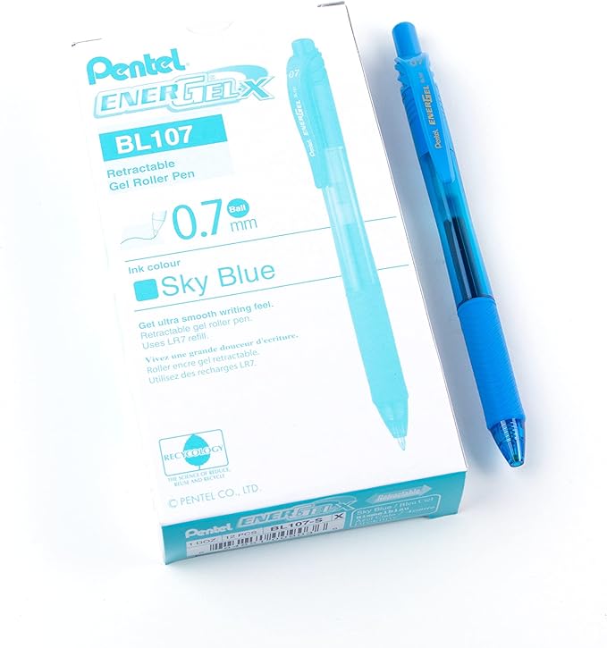 Pentel EnerGel-X Retractable Liquid Gel Pen (0.7mm) Metal Tip, Sky Blue Ink, Box of 12 (BL107-S)