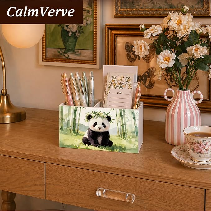 Panda Pen Pencil Holder for Desk Cute Panda Gifts for Women & Kids，Cute Wild Animal Wooden Box Sign Decorations for Kids Room Home Office Desk Tabletop