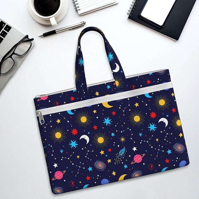 Foldable Canvas Document Storage Bag Space Galaxy Constellation Zodiac Starry Night Stars, Zippered Waterproof File Pouch with Handle for Office Cross Stitch
