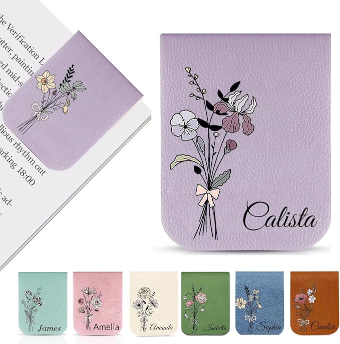 Personalized Magnetic Bookmark with Name, Custom Leather Bookmark for Readers, Customized Bookmark Gifts for Book Lovers, Birthday, Christmas, Women, Book Accessory (Monthly Flowers)