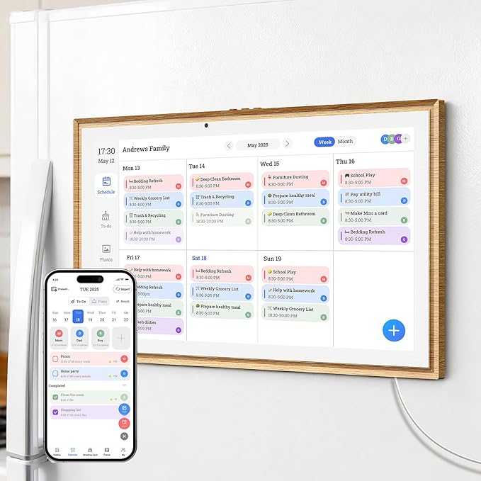 JSUSOU Magnetic Fridge Smart Digital Calendar 21.5" with FREE APP, Auto Sync Electronic Planner for Desk & Wall Touch Screen, Magnetic Refrigerator Mounted, Mothers Day Gifts for Mom, Teak Wood Grain