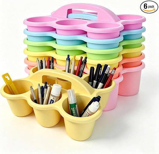 6 Pack Classroom Caddy Organizer with Handle Pastel Plastic Table Caddy 6 Compartments Storage Cup Holder for School Supplies Art Crafts Crayons Pencils Stackable Desk Caddy for Office Home