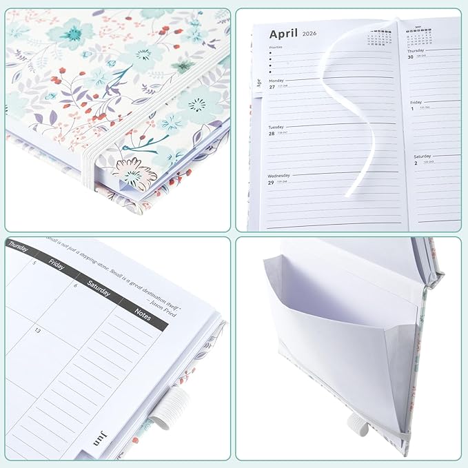 2026 Planner Weekly & Monthly – A5 Size 8.5" x 5.8", PU Leather Hardcover Planner 2026 with Twin-Wire Binding, Thick Paper, 2026 Small Planner Calendar for Home, Office, School-Flower