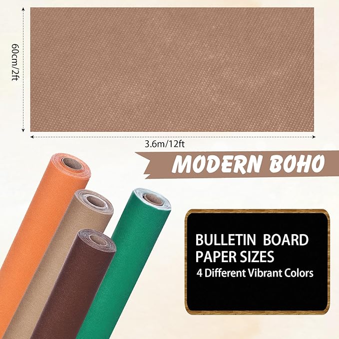 Skyygemm 4 Rolls Colored Bulletin Board Paper Nonwoven Craft Waterproof Fade Resistant Bulletin Board Paper Roll Bulk for Fall Art Decor Drawing Craft Painting(Boho Color,2 x 12 ft)