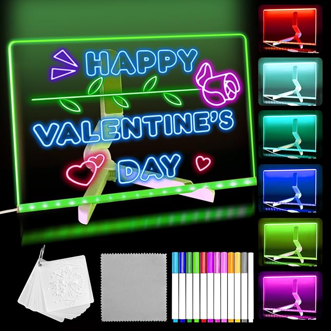 Lumiboard LED Drawing Board, Light Up Acrylic Dry Erase Board with 7 Colors, LED Note Board with Colors, LED Message Writing Board, Adjustable Stand & Drawing Stencils Set Included