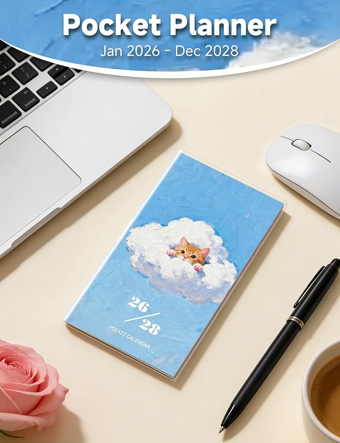 Pocket Calendar 2026-2028 Animal Series, Monthly Planner Jan 2026 to Jul 2028 (3.7" x 6.7") Perfect Purse Calendar, Pocket Agenda with Protective Plastic Sleeve- Cloud Cat