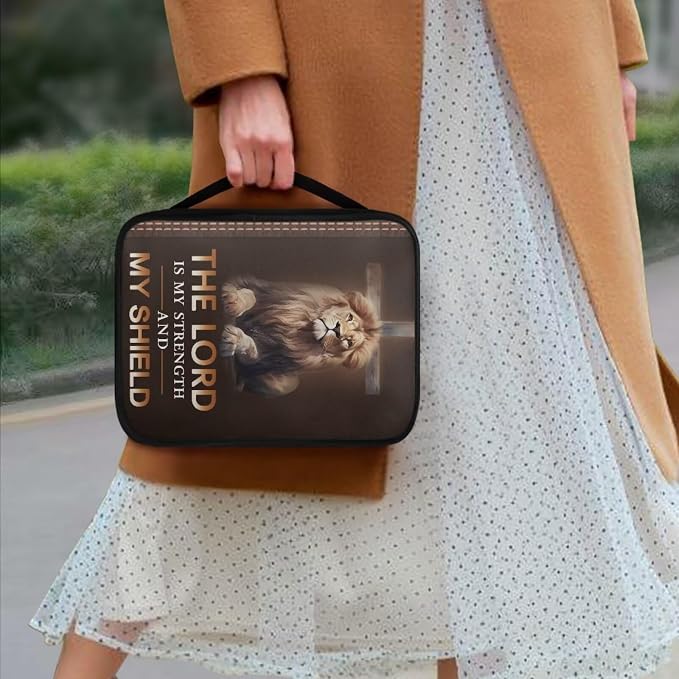 Lion Cross Print Bible Cover for Women Men Teens,Portable Book Carrying Cases Church Bag with Handle