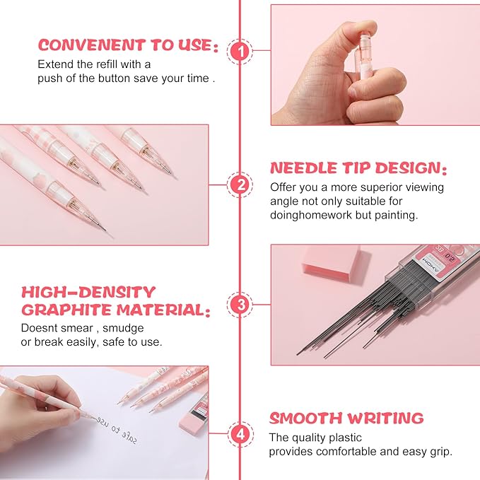 Mabor Pink Mechanical Pencils Set, 4pcs Cute Mechanical Pencils with A Tube of 0.5MM Pencil Refills & Top Erasers Aesthetic School Supplies Back to School Gift