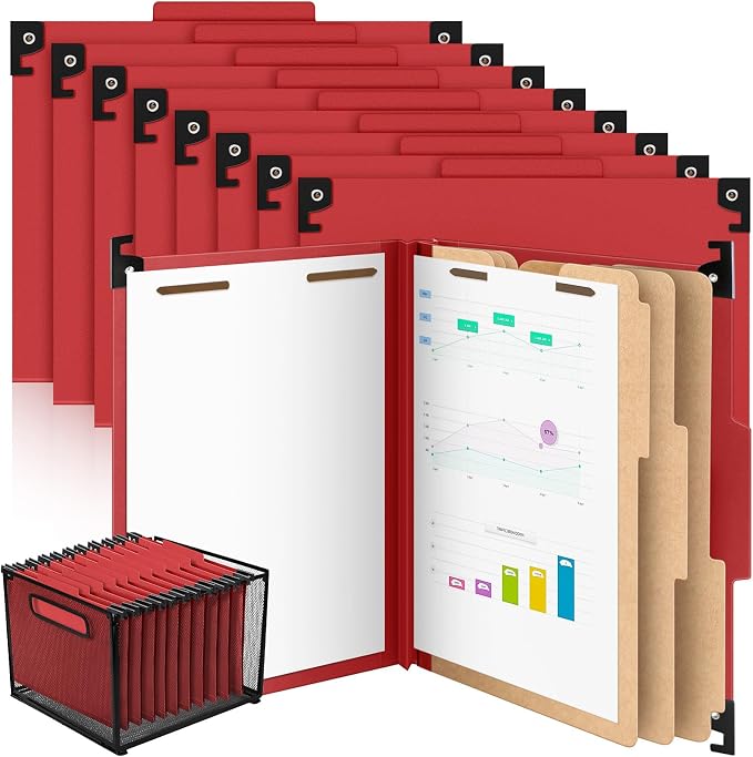 Henoyso 15 Pcs Hanging Classification File Folders, Letter Size Red Folders with 3 Pressboard Dividers, 8 Fasteners, 4 Inch Expansion, 1/3-cut Top Tab for Medical Records and File Cabinet Organizer