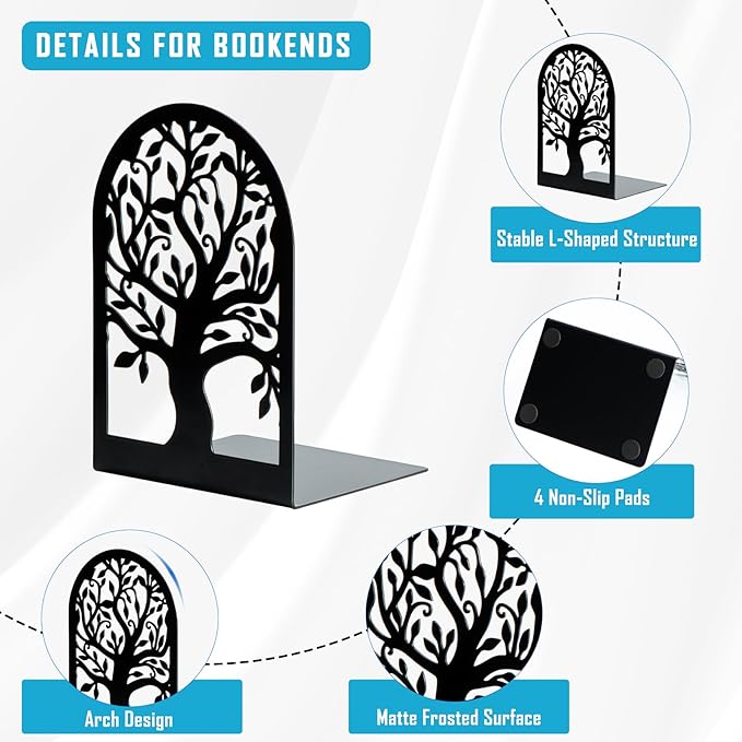 HappyHapi Decorative Bookends for Shelves, 20 Pcs Metal Book Ends for Heavy Books, 10 Pair Black Book Stopper for Home Office Library, 6.9" x 4.7" x 3.5"