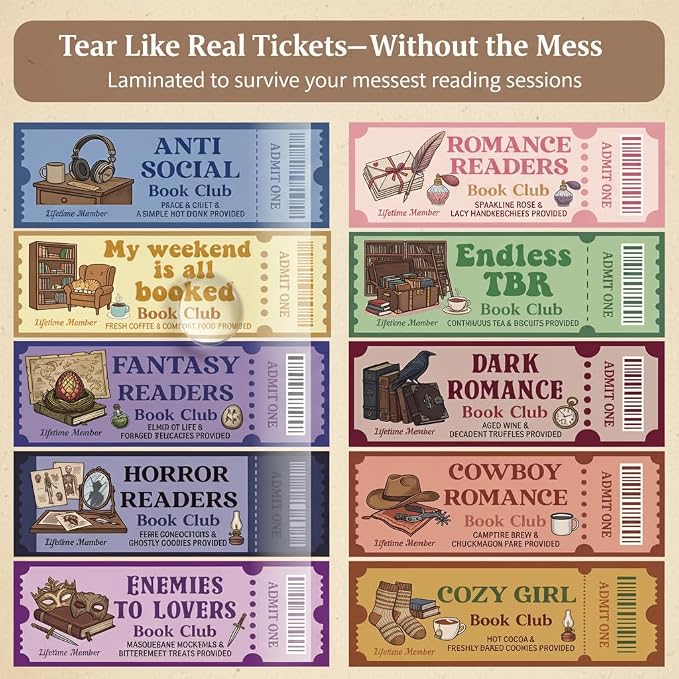 120Pcs Book Club Ticket Bookmarks Bulk, Vintage Retro Ticket Bookmark Set for Book Lovers, Anti Social Dark Romance Cozy Reading Themed Book Marks Bulk, Book Club Gifts for Readers Women Men