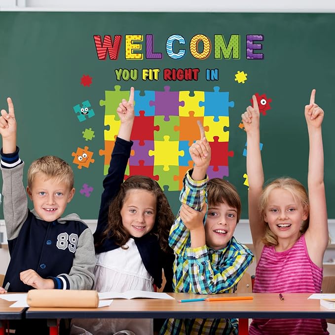 Pajean Welcome Bulletin Board Set with Puzzle Pieces for Classroom Decorations Chic Sign Cutouts Wall Art School Decor Educational Supplies Class Door Decoration You Fit Right in (Classic Color)