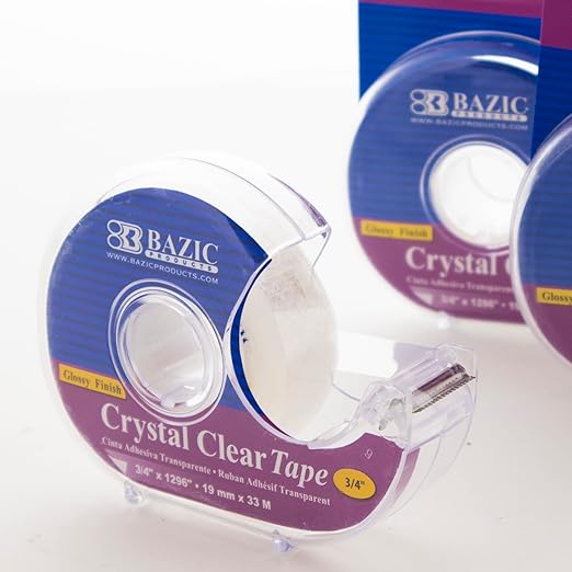 BAZIC PRODUCTS Crystal Clear Tape with Dispenser 3/4" X 1296"– for Home, Office, and School Use; Transparent Tape with Glossy Finish, Ideal for Crafts, & Gift Wrapping, 24-Pack