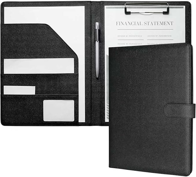 Zreal Padfolio Portfolio for Women and Men, Faux Leather Clipboard Folder with Document Organizer, Business Card & Pen Holder, Fits A4 Letter Size Legal pad for Work, Office & Conference (Black)