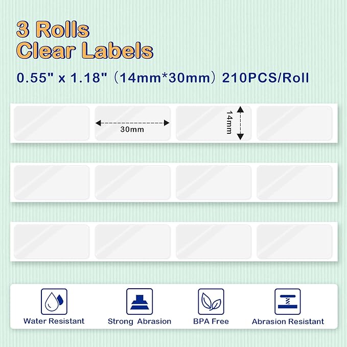 Clear D30 Label Maker Tape - Transparent D30 Label Maker Tape 14x30mm Memoking D30 Label Paper Compatible with Phomemo D30 Label Tape - 3 Rolls Clear D30 Labels (0.55x1.18,210PCS/Roll)