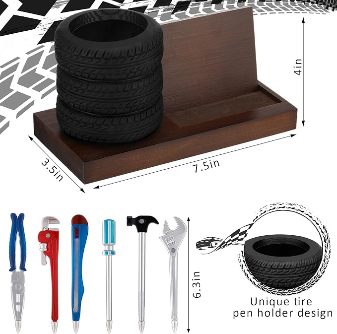 Feifeiya 7 Pcs Tire Pen Holder Tire Shape Funny Desk Accessories Include 6 Pcs Novelty Tool Car Business Card Holder Gift for Men Father's Day Mechanic Car Lover Salesman(Black,Walnut,Wood)