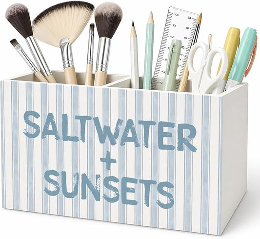 Blue Coastal Beach Pen Pencil Holder for Desk Accessories Coastal Beach Office Decor, Saltwater and Sunsets Decorative for Home Bedroom Office Desk Tabletop