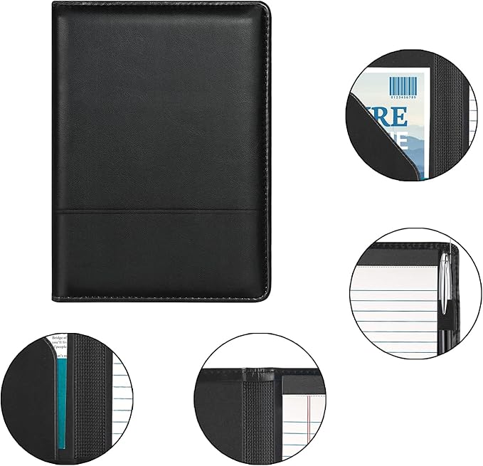 A5 Padfolio Business Portfolio Folder,Junior Size Document Folder Organizer, Padfolio with Interior Pocket and Pen Loop, 5 x 8 Writing Pad Included. Black.