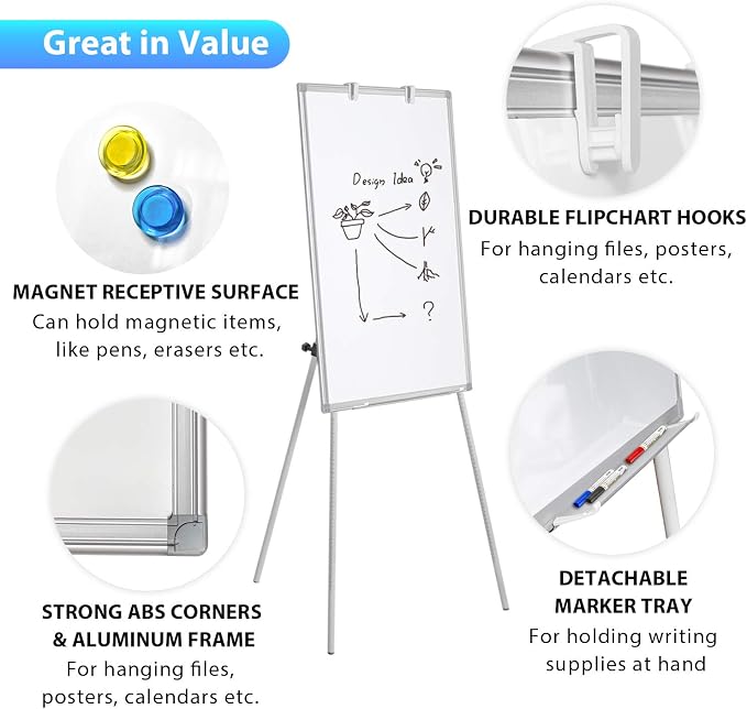 Easel Whiteboard - Magnetic Portable Dry Erase 36 x 24 Tripod Height Adjustable, 3' x 2' Flipchart Easel Stand White Board for Office or Teaching at Home & Classroom (36x24 White)