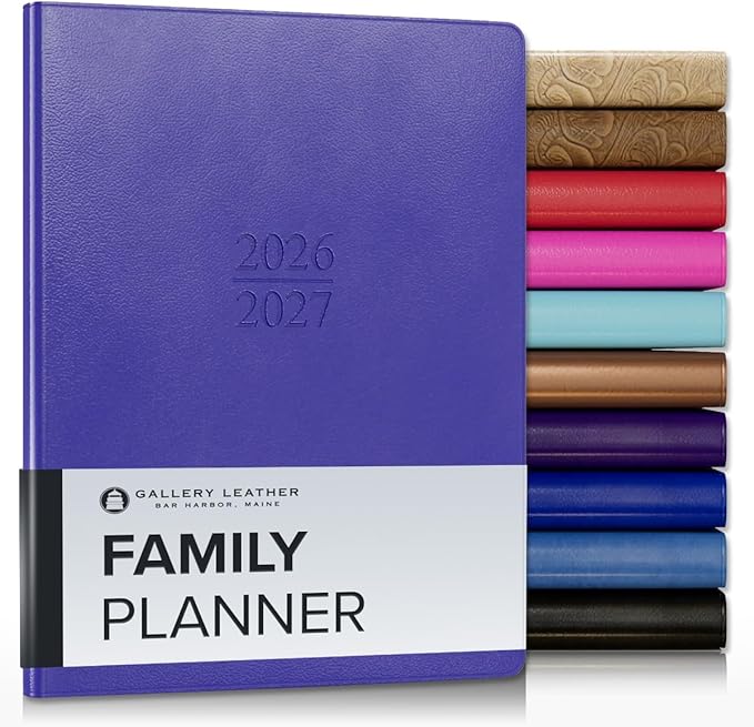 Gallery Leather Family Planner 2027, for moms, Elegantly Bound Calendar Planner and Notebook with Stylish White Page Edges, 18 Months - Caribbean Hibiscus - 9x7"