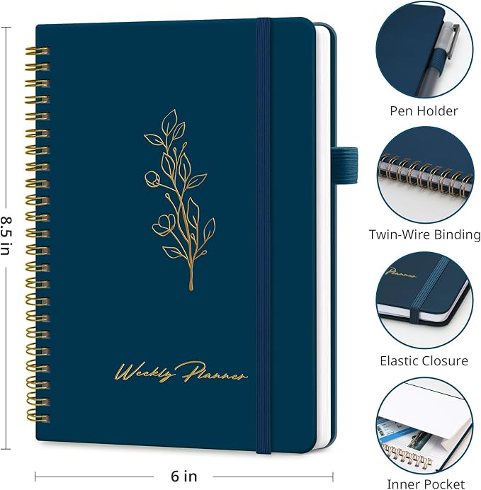 Taja Undated Weekly Planner, Weekly To Do List Notebook with Goal & Habit Tracker Organizer, A5 Weekly Planner Notebook with Spiral Binding, 6.1" x 8.2" - Navy