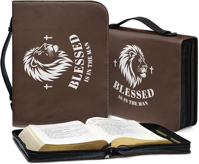 Retro Religious Style Lion Bible Case with Bookmark Waterproof Bible Cover Case for Women Lightweight Bible Bag with Handle Pockets Church Book Bag Brown