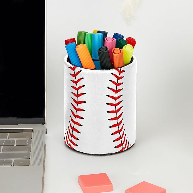 Baseball Pen Holder Pencil Organizer Cute Pencil Cup Desk Decor Makeup Brush Holder PU Multifunctional Office Supplies for Home Classroom School