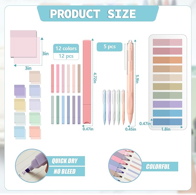 Jutom 39 Pcs Aesthetic Book Annotation Kit Highlighter with Pencil Case Bag Gel Pen Transparent Sticky Note Taking Bible Study College School Supplies(Light Blue,Classic Style)
