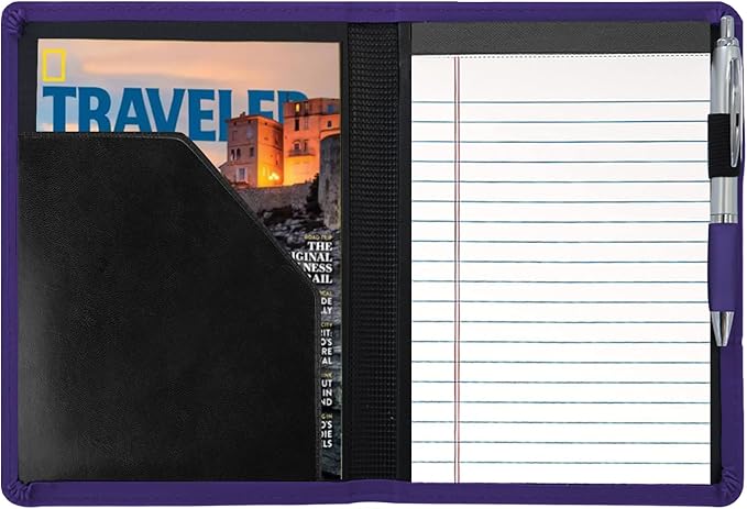 Classic Padfolio/Junior Portfolio Folder Case, Business A5 Leather Organizer Binder for Men Women, A5 Writing Pad Included, Dark Purple