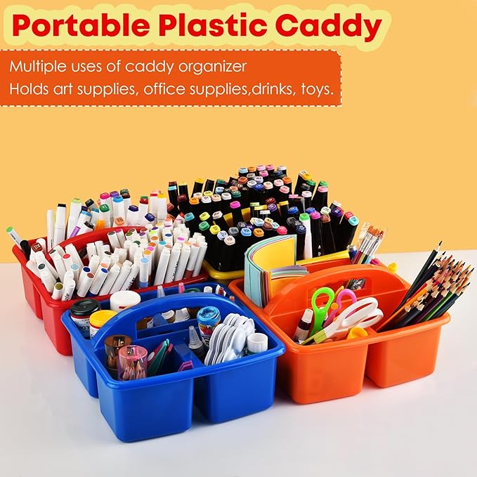 ALINK Plastic Classroom Caddy Organizer with Handle, 6-Pack 4 Compartments, Teacher Supply Storage Caddy for Classroom Organization, Table, Desk, Office, Craft Art for Kids - Assorted Colors