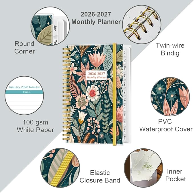 2026-2027 Monthly Planner - January 2026 - June 2027, Two Pages Per Month, 18 Monthly Calendar/Planner with Tabs, Strong Twin-Wire Binding, Inner Pocket, 3.75" x 6.5", Flower-B