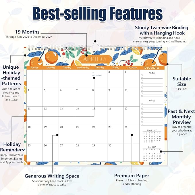 GuassLee Wall Calendar 2026-2027, School Year Calendar from Jun. 2026 to Dec. 2027, 19-Month Paper Wall Calendar with To-Do List and Notes for Office School Home Teacher Planning, 14” x 11.5”