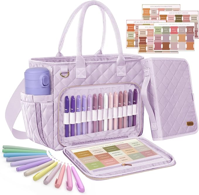BellaHold Large Bible Bag with Bible Cover Case for Women, Church Bag with Bible Study Supplies & Shoulder Strap, Quilted Bible Tote Bag, Christian Gift for Women, Light Purple