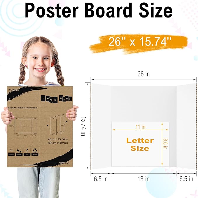 HAUTOCO 12 Pack Trifold Poster Board 26'' x 15.74'' Medium Tri Fold Project Boards White Corrugated Presentation Cardboard for Science Fairs, School Projects, Event Displays, Business