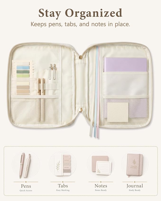 Wuflyover Bible Bag for Women, Quilted Bible Cover Case with Handle, Bible Carrying Case for Church and Bible Study, (Beige)