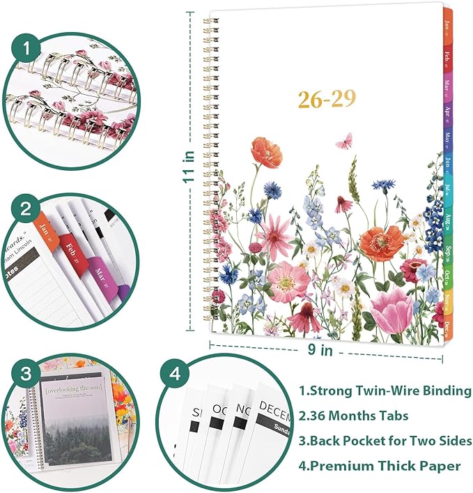 2026-2029 Monthly Planner - 3 year planner 2026-2029, Jul. 2026 - Jun. 2029, 3 Year Calendar 2026-2027-2028 monthly planner, 9" x 11", 36 Month Calendar with Colourful Tabs + Back Pocket - Flowers