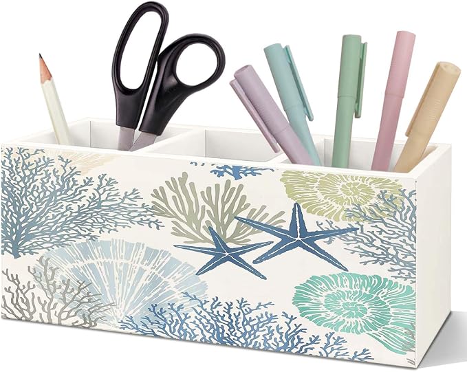 SNNDER Coastal Beach Pen Holder for Desk, Ocean Beach Lovers Gifts Wooden Box Sign Desk Decor for Home Office Tabletop Shelf Decoration, Coral Starfish Seashell Coastal Pencil Organizer