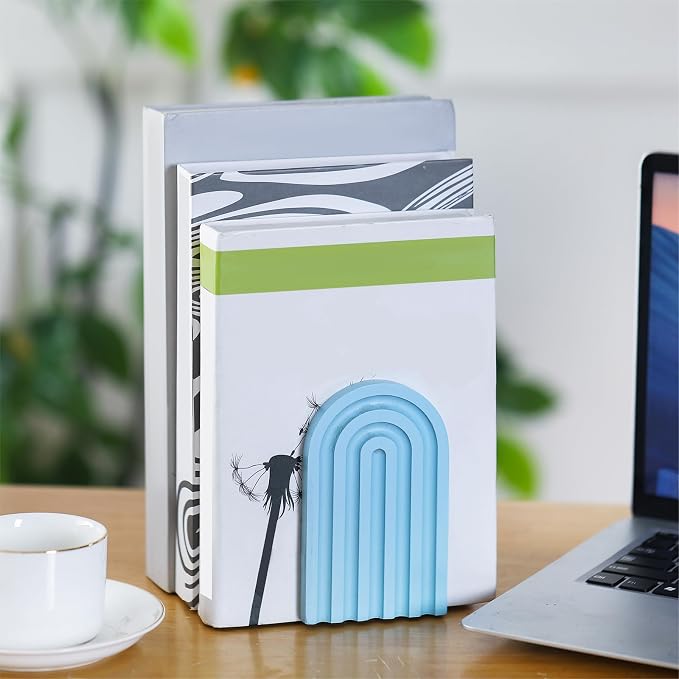 Harloon 4 Pcs Boho Arch Wooden Bookends, Decorative Rainbow Book Stoppers with Non-Slip Metal Base, 5x3x4 Inches, Cute Shelf Decor for Heavy Books, Home Office Study Desk Organizer(Denim Blue Color)