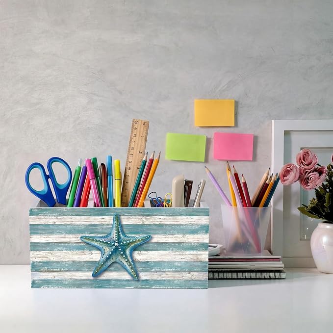 Feifeiya Starfish Coastal Pen Holder for Desk Lake House Nautical Beachy Wooden Box Sign Desk Decor Starfish Pencil Organizer Ocean Beach Lovers Gifts for Home Office Tabletop Shelf Decoration