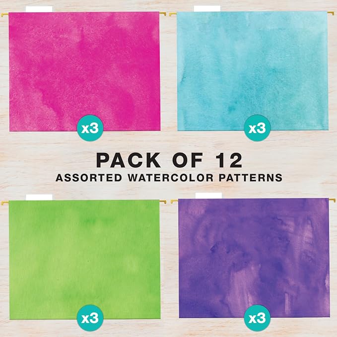Global Printed Products Deluxe Designer Printed Hanging File Folders, 4 Patterns, Letter Size, 12/pk (Watercolor Solid)