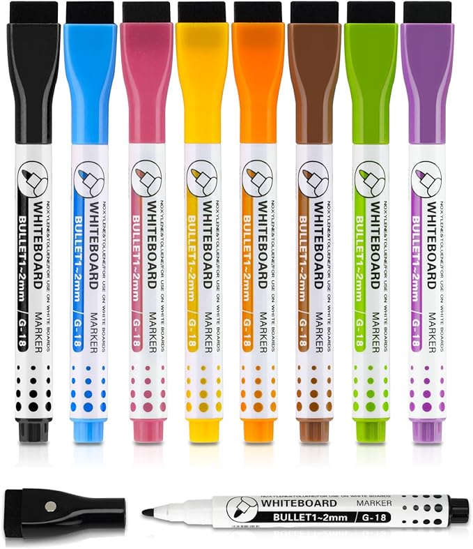WALGLASS Dry Erase Markers, 8 Count Magnetic Whiteboard Markers with Eraser, Fine Tip For Writing on White Board, Dry Erase Calendar Board, Fridge Calendar for School Office Home - 8 Colors
