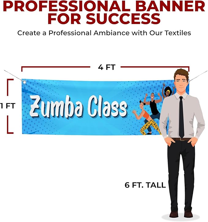 Zoomba Class Large Banners and Signs for Outdoor by Mavis Printing-Polyester Banner with 4 Holes for Easy Hang Indoor & Outdoor|4x1 Feet HD Print Sign to Promote Church| Made in USA