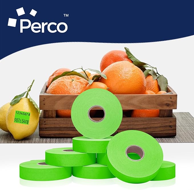 Perco Fluorescent Green 2 Line Pricing Labels - 8 Sleeves, 64 Rolls (112,000 Labels) - Monarch 1136 Compatible - Includes 8 Free Ink Rolls