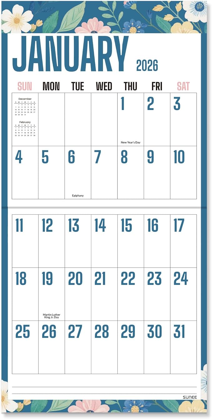SUNEE Wall Calendar 2025-2026, Large Print Wall Calendar Sep.2025 - Dec.2026, 16-Months, Monthly Planner with Big Grid, Large Floral Colorful