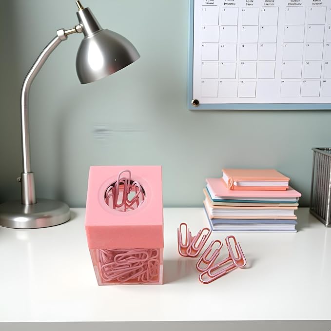 Pink Paper Cilp Dispenser Holder Clear Acrylic Paper Clip Organizers with Top Clip Holders for Desk Cute Office Binder, Office and School Supplies