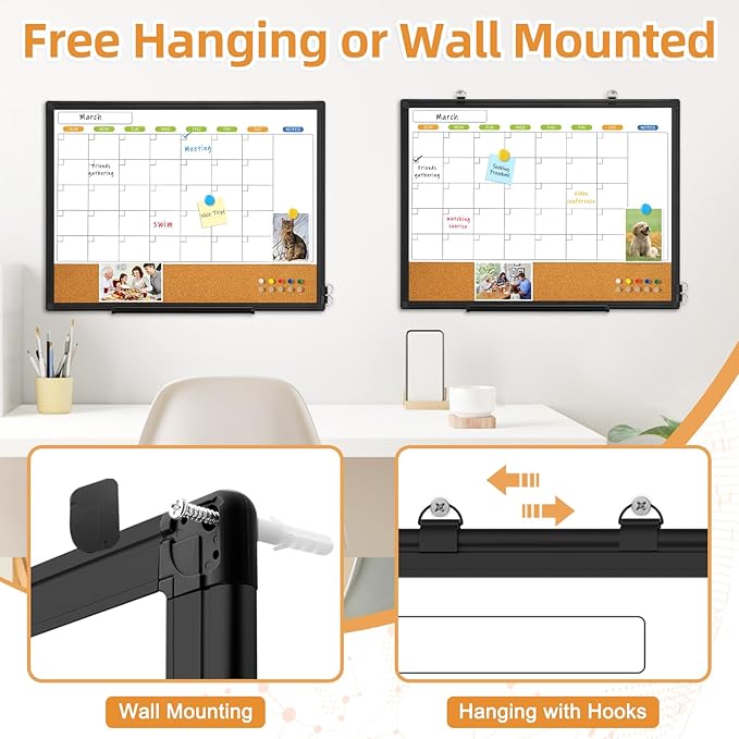 Dry Erase Calendar Whiteboard for Wall, WALGLASS 24" x 18" Double-Sided Monthly Calendar White Board Cork Combo, Black Aluminum Frame Hanging Wall Mounted Bulletin Corkboards for Home, Office, School