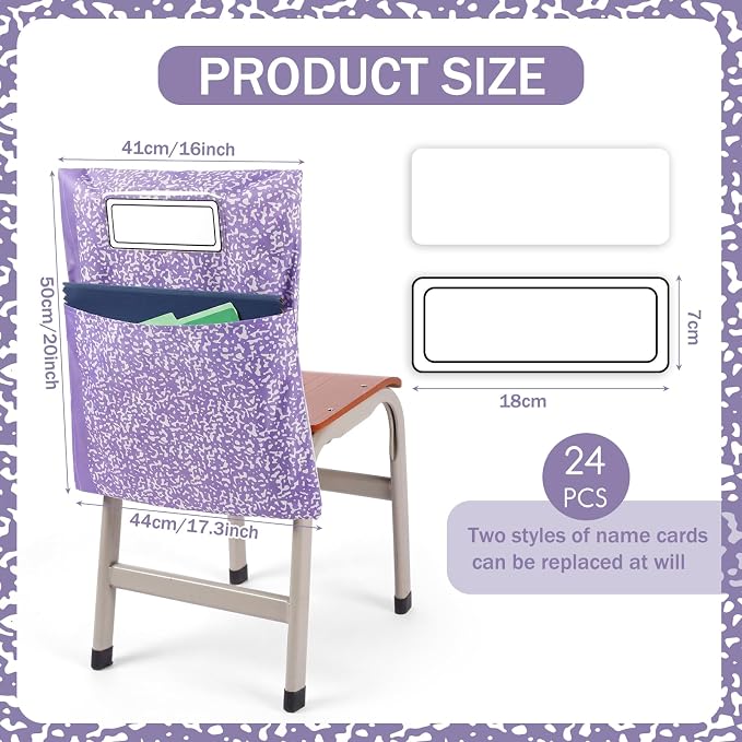 12 Pack Chair Pockets for Classroom Back to School Composition Seat Pocket 20 x 17 Inch K 2 Student Chair Bag Organizer with Name Tag Oxford Cloth Storage Bag for Kindergarten Primary (Pastel)
